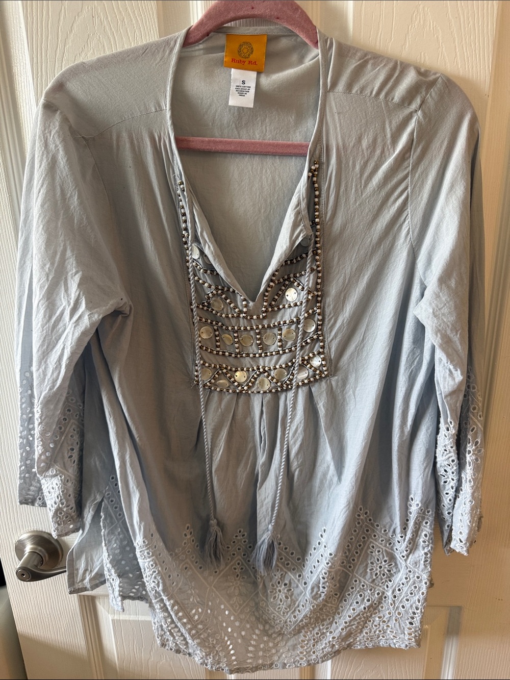 Ruby Rd. Light Gray Embellished Peasant Tunic